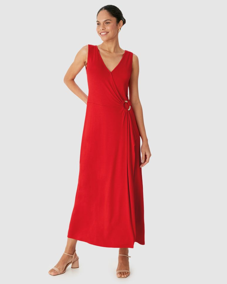 Vestido Midi Feminino Transpassado Detalhe Com Argola Em Viscose Stretch