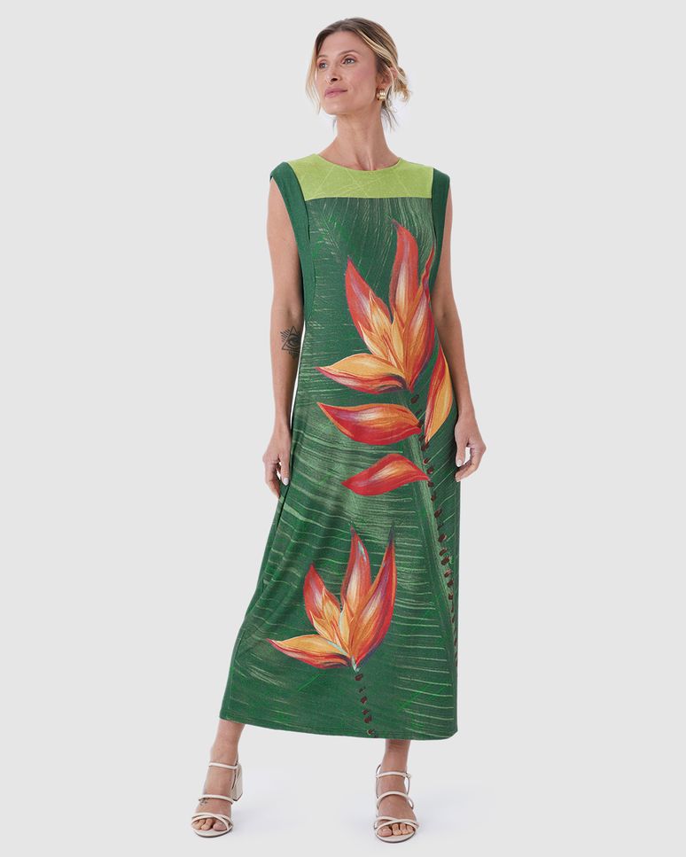 Vestido Midi Feminino Reto Estampado Em Malha Viscolinho Stretch