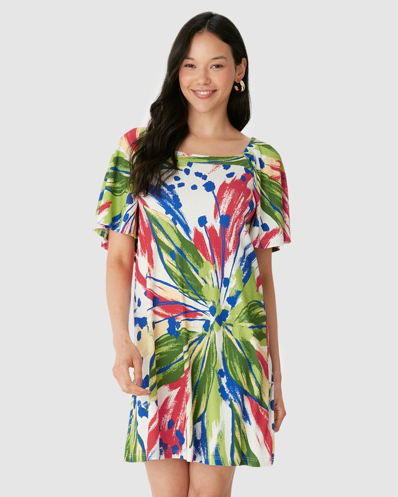 Vestido Feminino Decote Quadrado Manga Franzida Em Malha Viscose Canelada