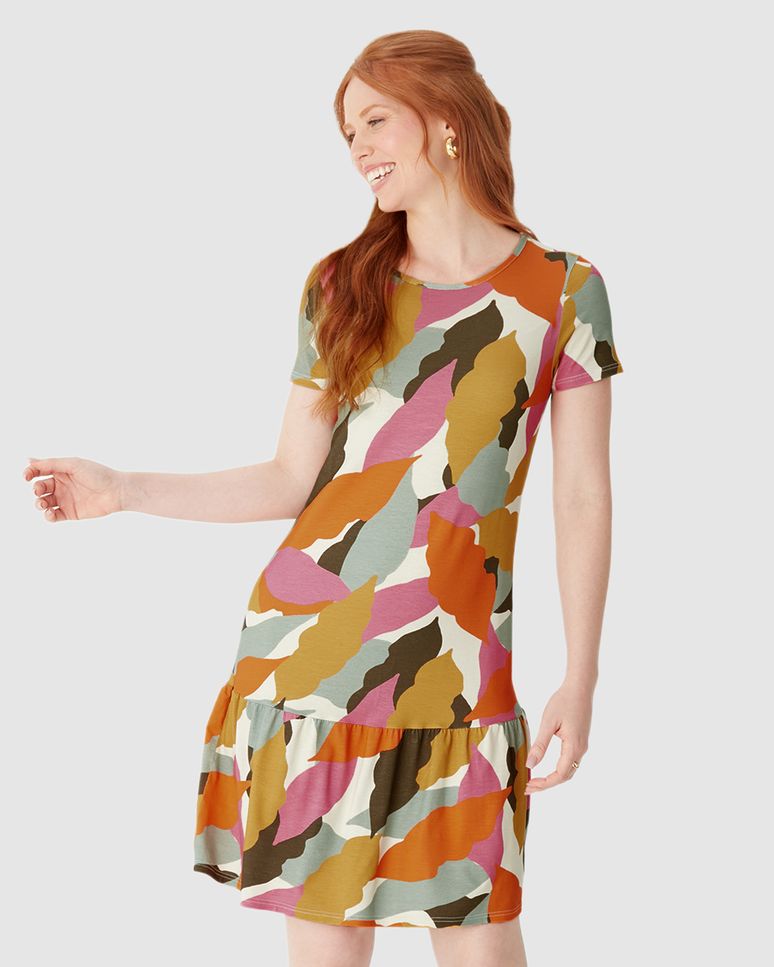 Vestido Feminino Evasê Estampado Barra Franzida Em Viscose Stretch