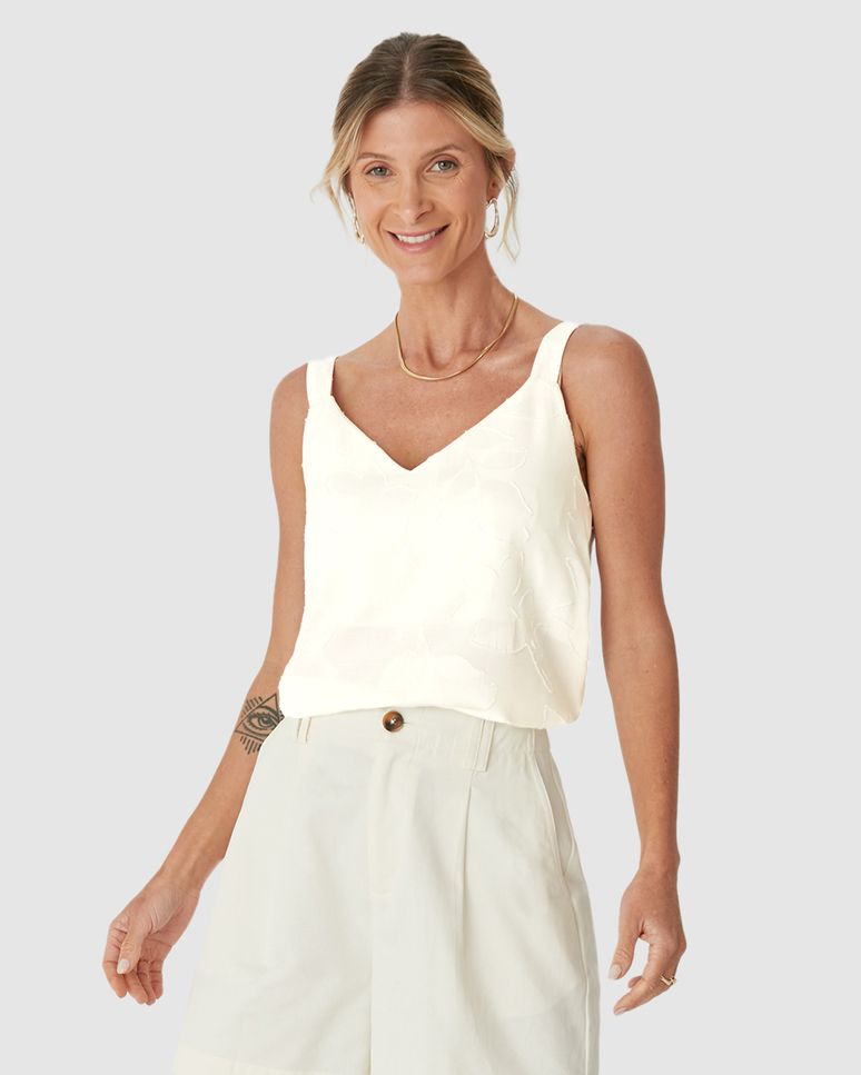 Regata Ampla Feminina Decote V Em Tecido Jacquard