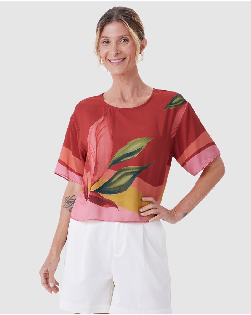 Blusa Box Feminina Estampa Folhagem Em Viscose VERMELHO Malwee