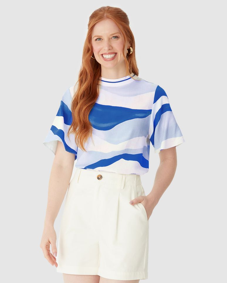 Blusa Ampla Feminina Gola Redonda Retilínea Em Viscolinho Texturizado