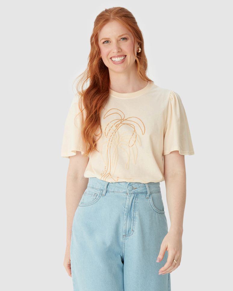 Camiseta Feminina Estampa Puff Alto Relevo Manga Franzida Em Algodão