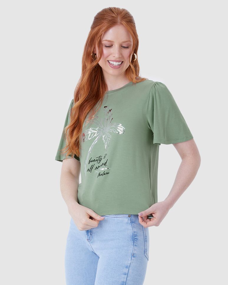 Camiseta Feminina Estampa Metalizada Manga Franzida Em Viscose Stretch