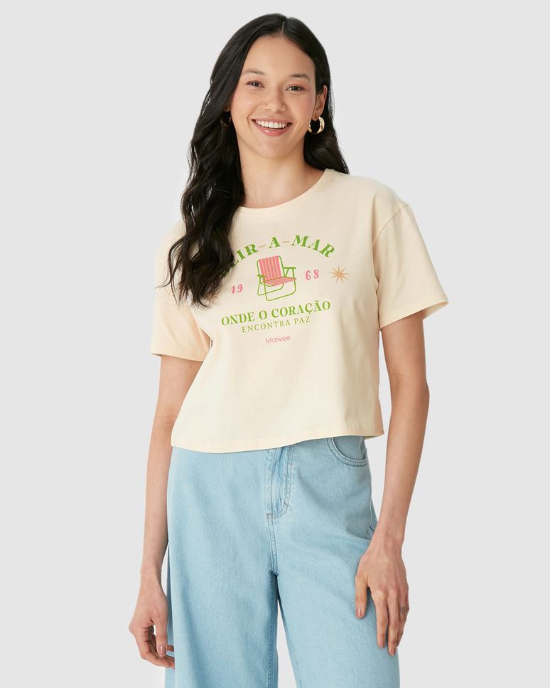Camiseta Cropped Feminina Estampa Beira-A-Mar Em Algodão