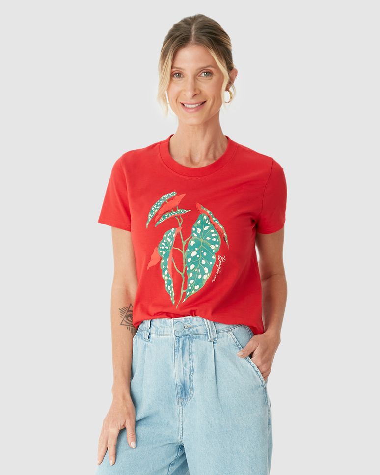 Camiseta Feminina Ilustração Frontal Especial Plantas Em Algodão