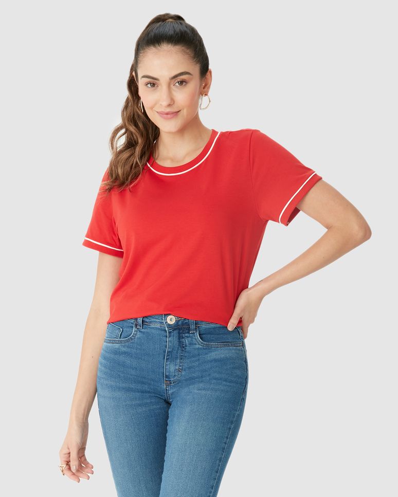 Blusa Básica Feminina Decote Redondo Costura Contraste Em Algodão