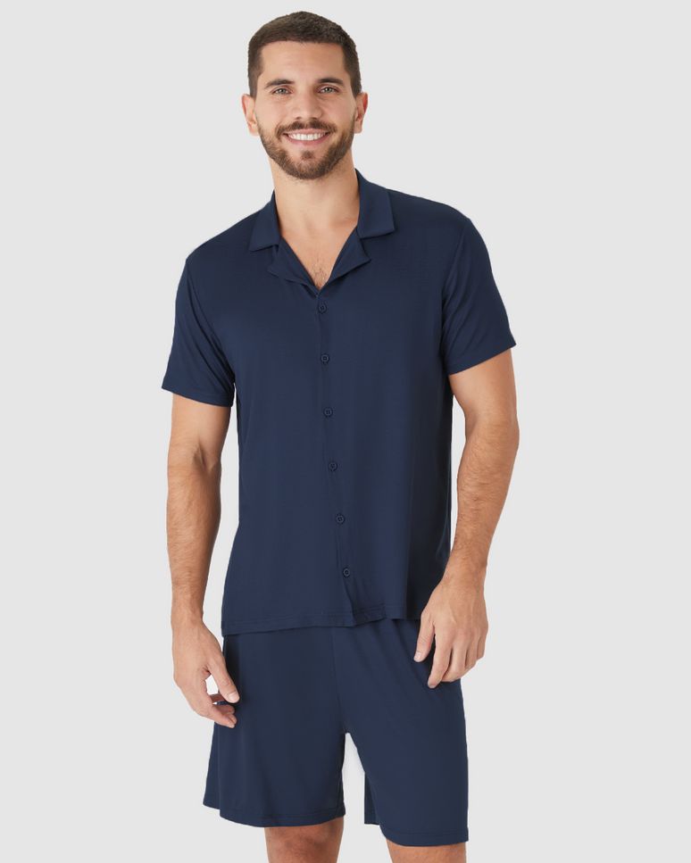 Pijama Curto Masculino Camisa Abotoamento Frontal Em Viscose Stretch