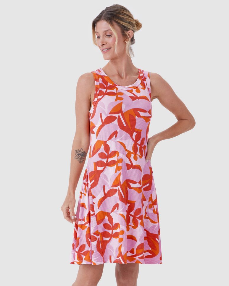 Vestido Feminino Evasê Sem Manga Estampa Folhagem Em Malha Viscose Canelada