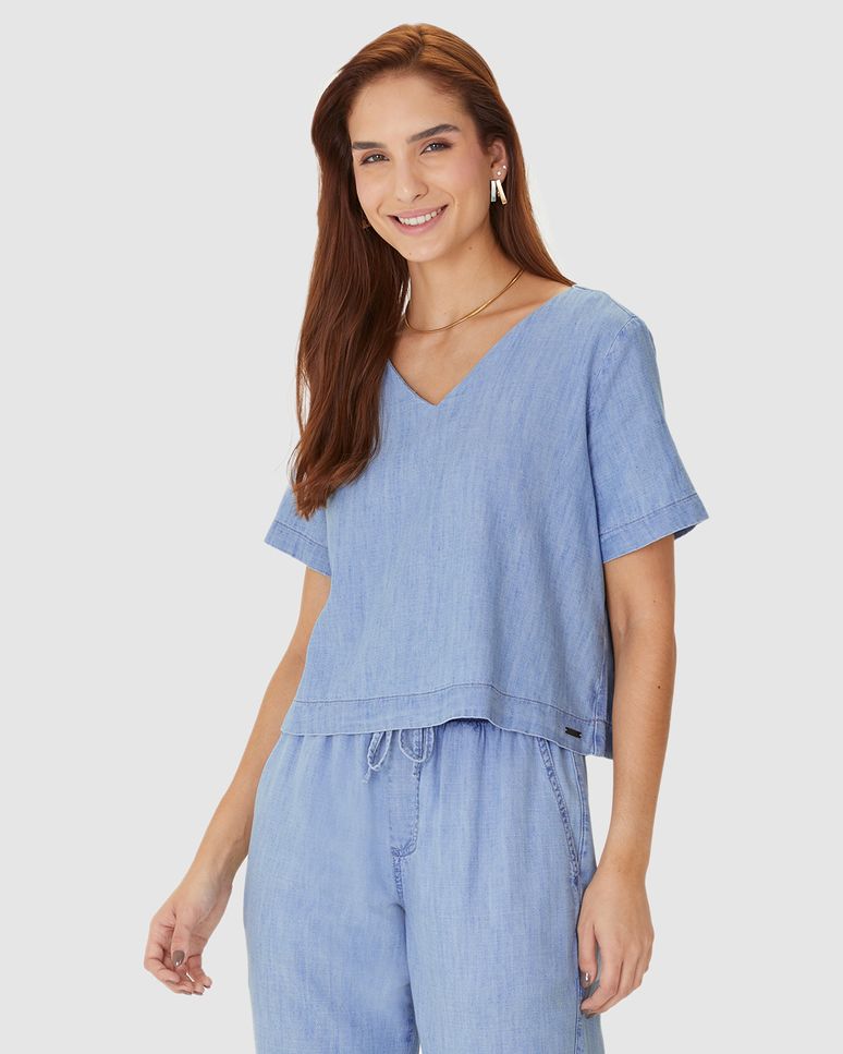 Blusa Box Feminina Decote V Manga Curta Em Jeans Leve