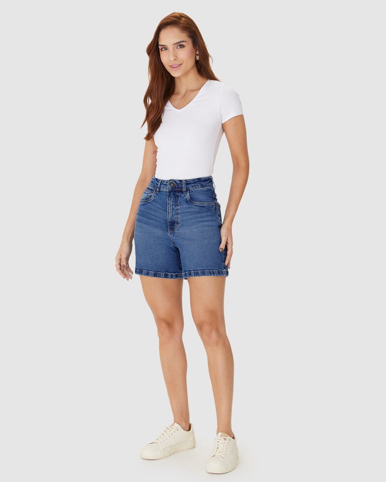 Bermuda Feminina Mom Cintura Alta Em Jeans Com Elastano