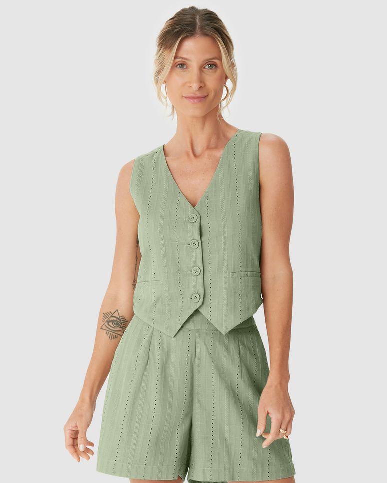 Colete Feminino Cropped Detalhe Bordado Em Laise Algodão