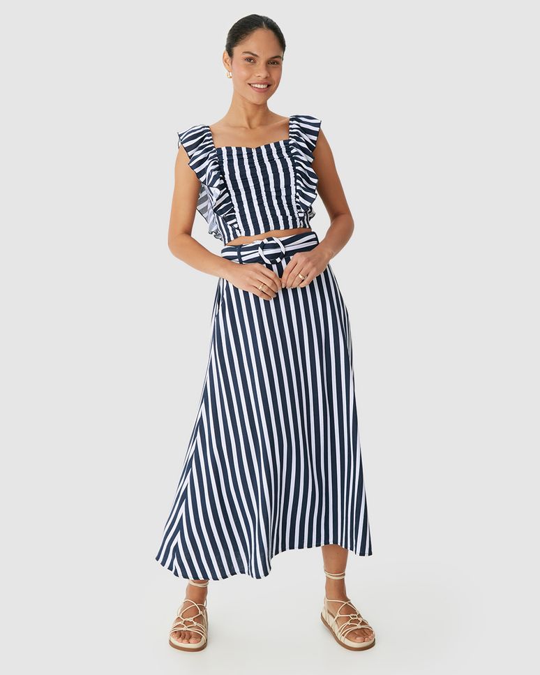 Saia Midi Feminina Acompanha Cinto Bolso Faca Em Viscolinho