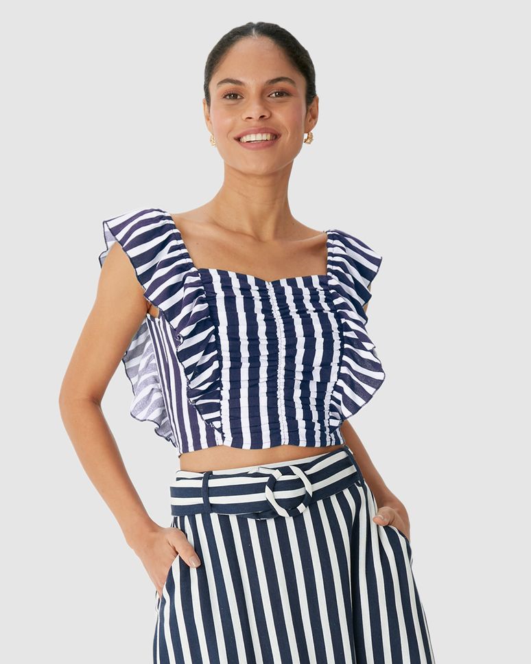 Regata Cropped Feminina Listrada Com Babados Em Viscolinho