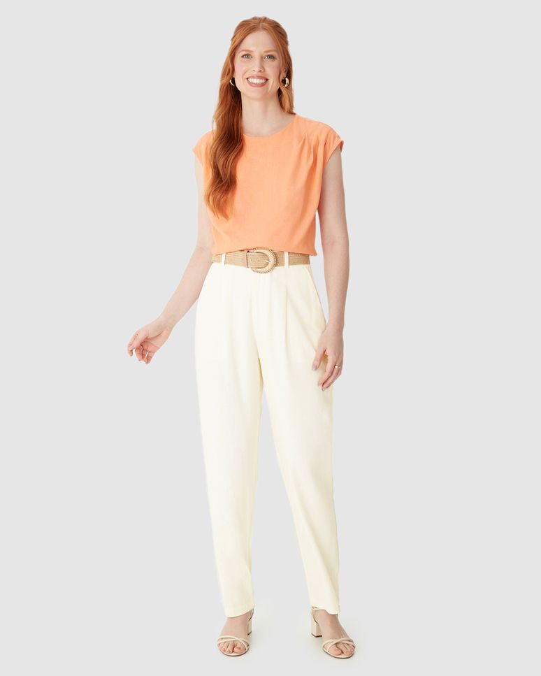 Calça Reta Feminina Cintura Alta Acompanha Cinto Em Viscolinho