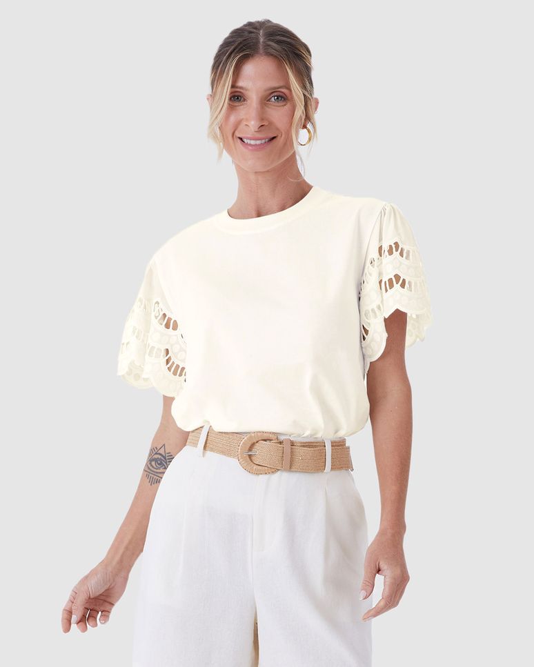 Blusa Ampla Feminina Manga Detalhe Vazado Em Algodão