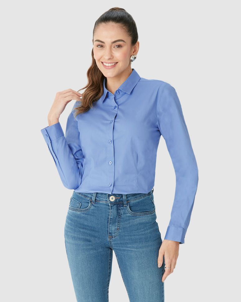 Camisa Básica Feminina Manga Longa Em Tricoline