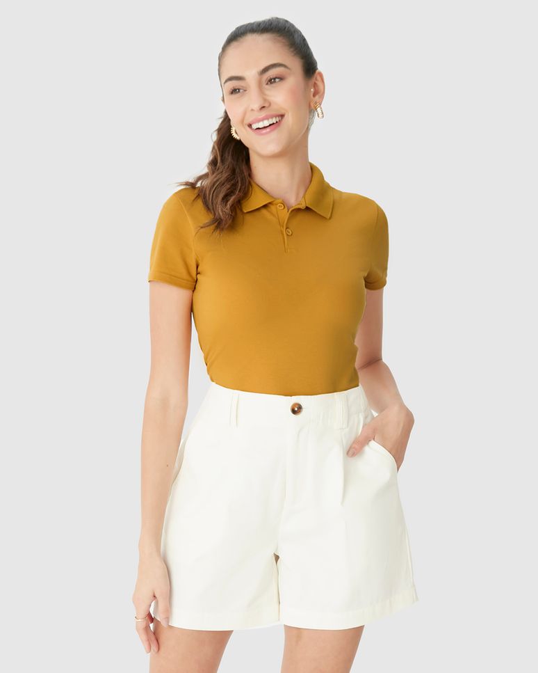 Blusa Polo Básica Feminina Com Peitilho Em Piquet Stretch