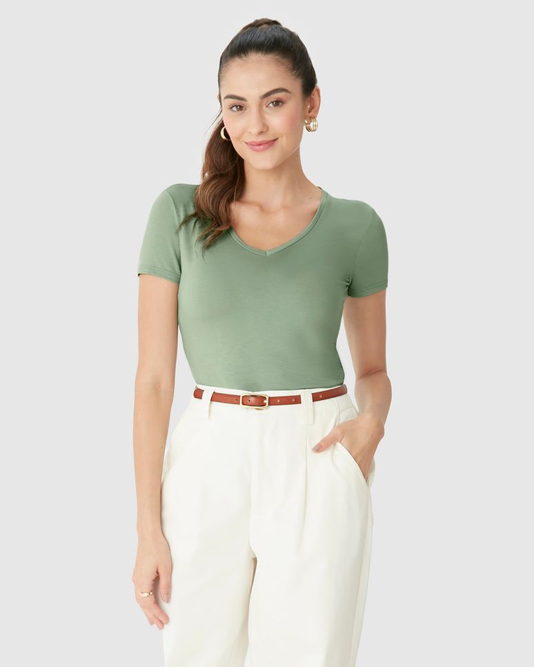 Blusa Básica Feminina Decote V Em Viscose Stretch