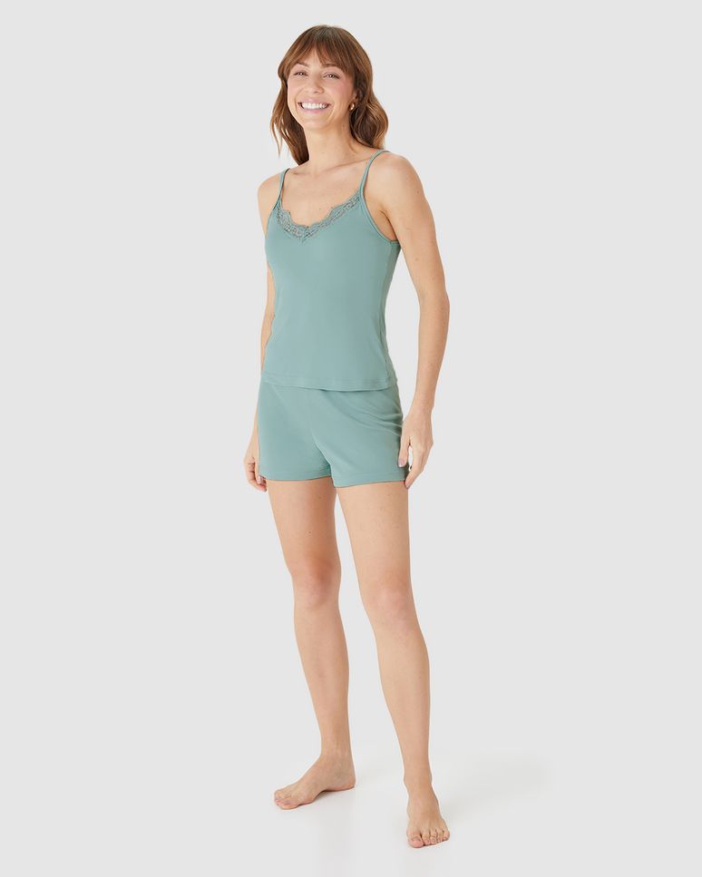 Pijama Curto Feminino Decote V Detalhe Rendado Em Liganete 100% Poliamida