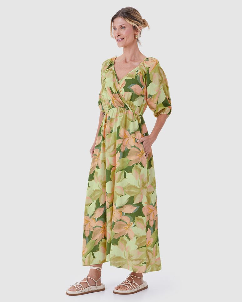 Vestido Midi Feminino Decote V Manga 3/4 Em Viscolinho Texturizado