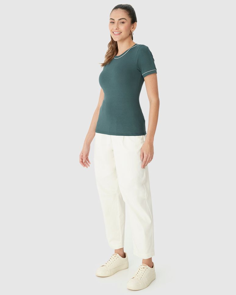 Blusa Básica Feminina Costura Contraste Em Malha Viscose Canelada