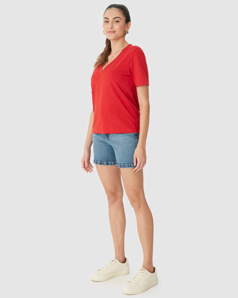 Blusa Básica Feminina Ampla Decote V Manga Curta Em Algodão