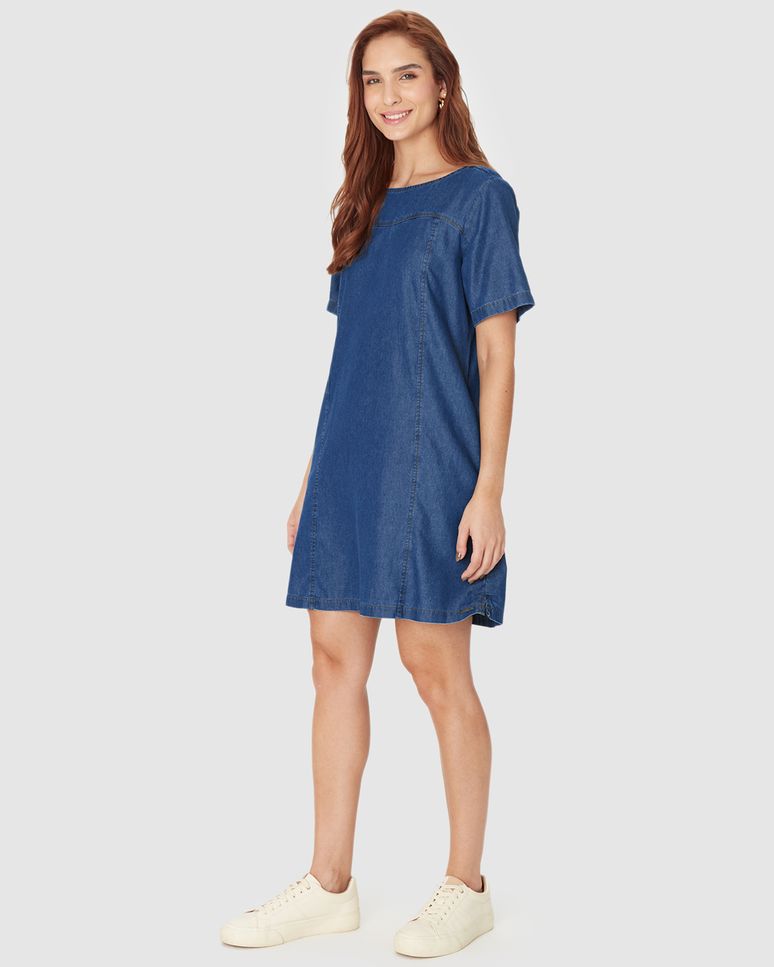 Vestido Feminino T-Shirt Detalhe Recortes Bolso Lateral Em Jeans Leve