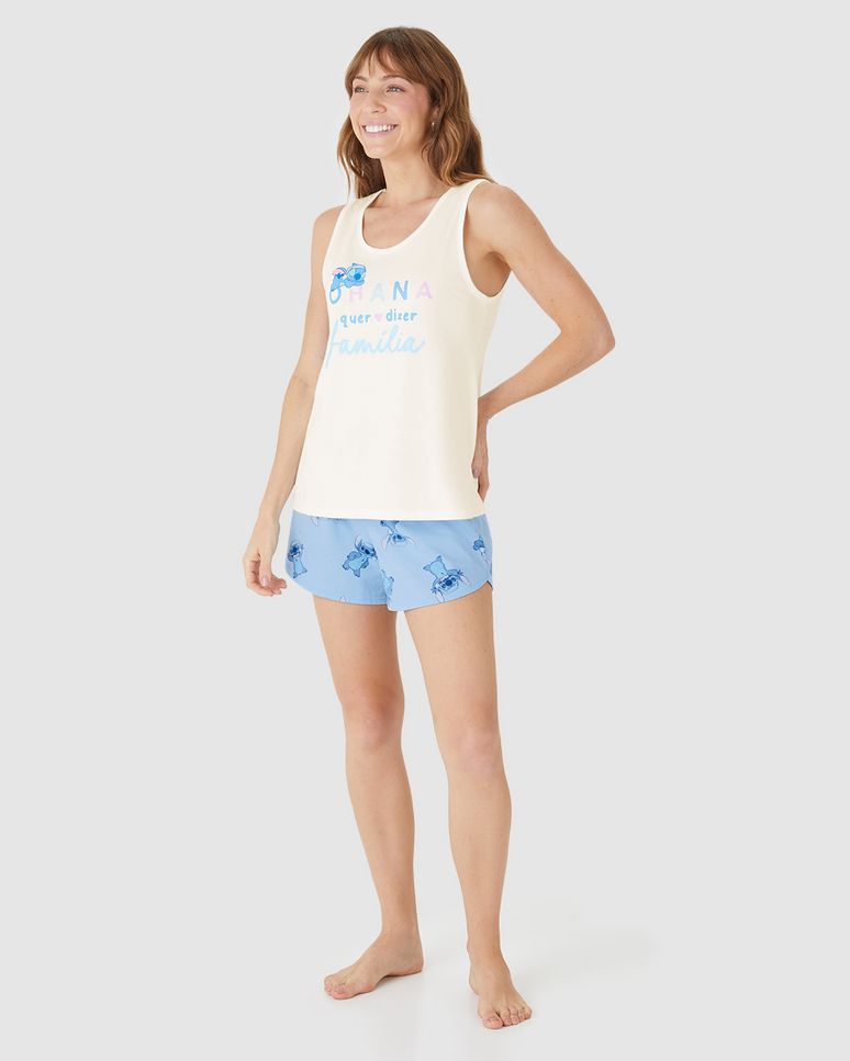 Pijama Curto Feminino Estampa Ohana Stitch E Angel Disney Em Algodão