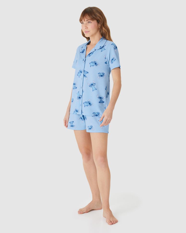 Pijama Curto Feminino Americano Stitch Disney Em Algodão