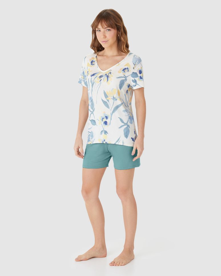 Pijama Curto Feminino Blusa Decote V Estampada Em Viscose Stretch
