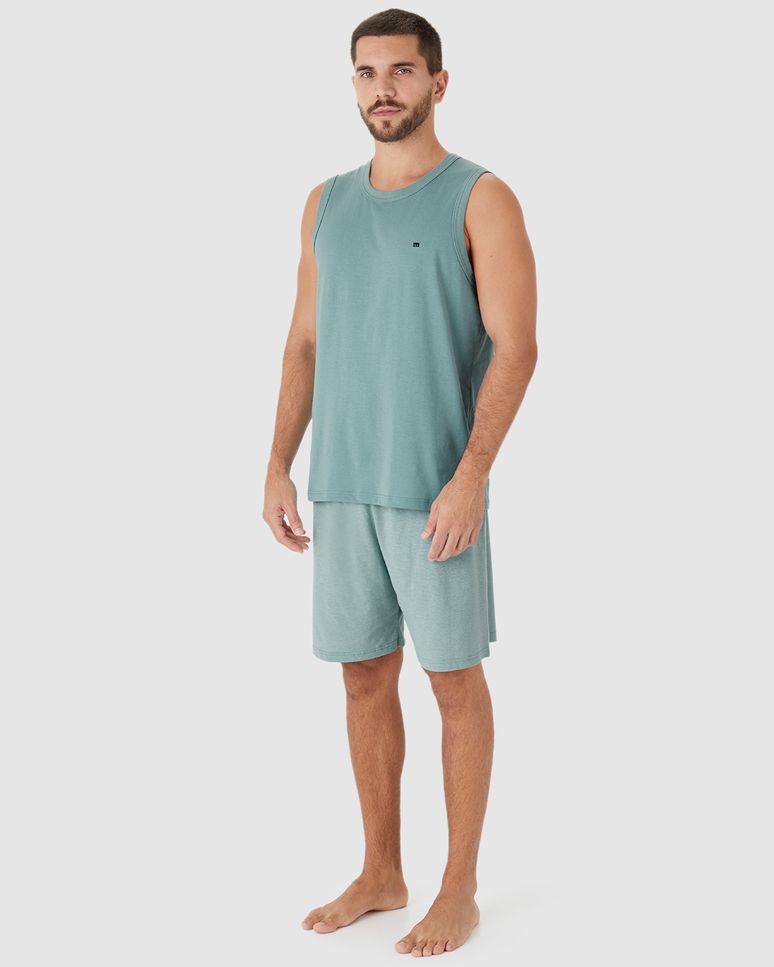 Pijama Curto Masculino Regata Decote Redondo E Shorts Em Malha Fio A Fio