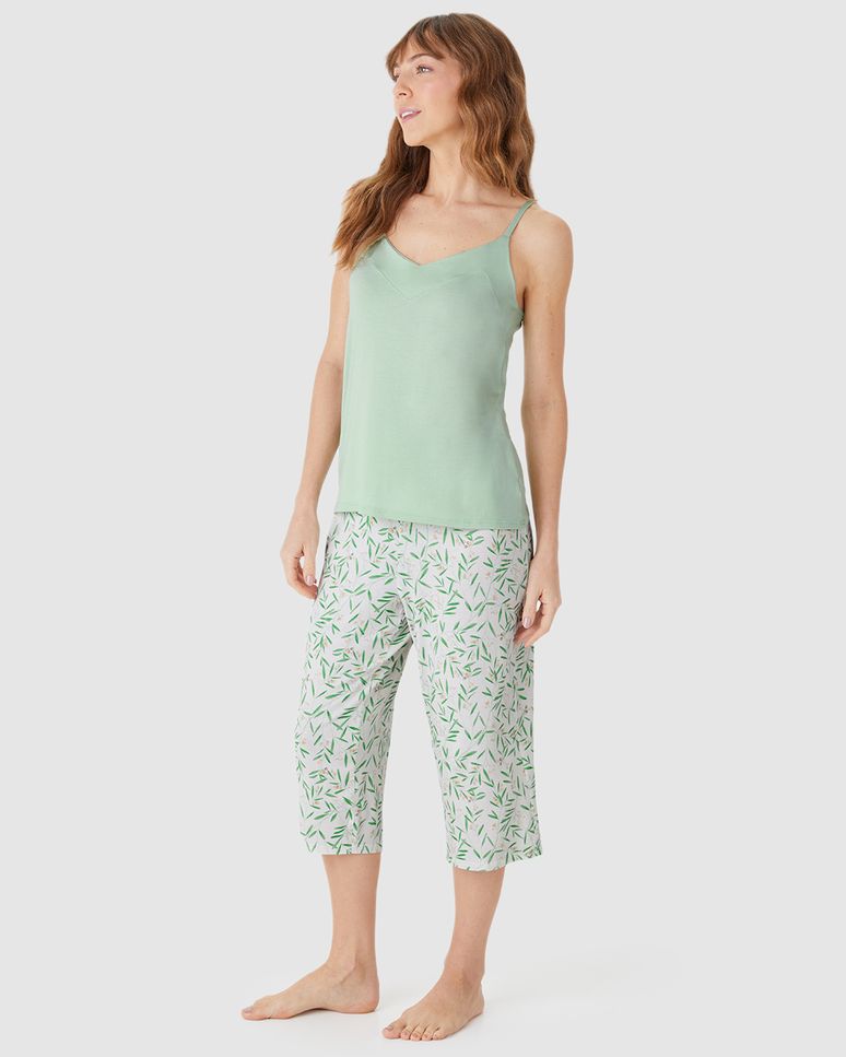 Pijama Longo Feminino Calça Capri Estampada Em Viscose Stretch