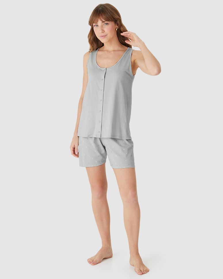 Pijama Curto Feminino Regata Abotoamento Frontal Em Algodão