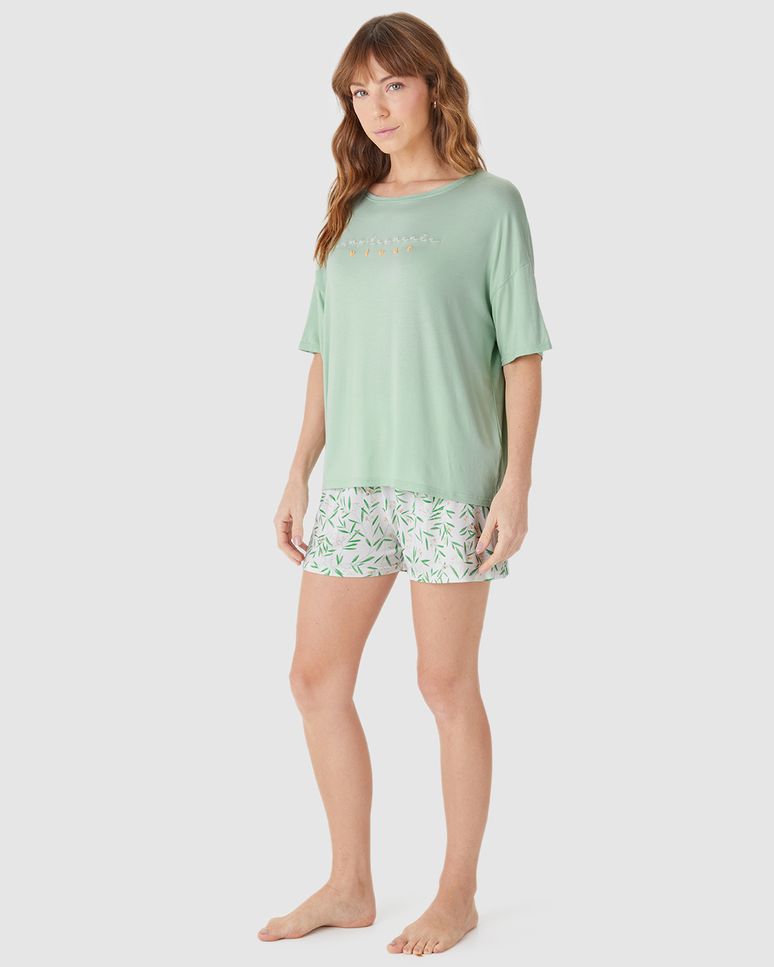 Pijama Curto Feminino Blusa Box Estampa Lettering Em Viscose Stretch