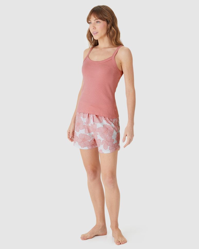 Pijama Curto Feminino Regata Ribana E Shorts Estampado Em Algodão