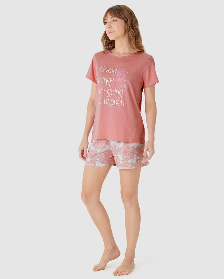 Pijama Curto Feminino Shorts Estampado Em Algodão