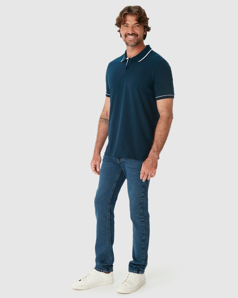 Camisa Polo Básica Masculina Detalhe Costura Contraste Em Piquet Stretch