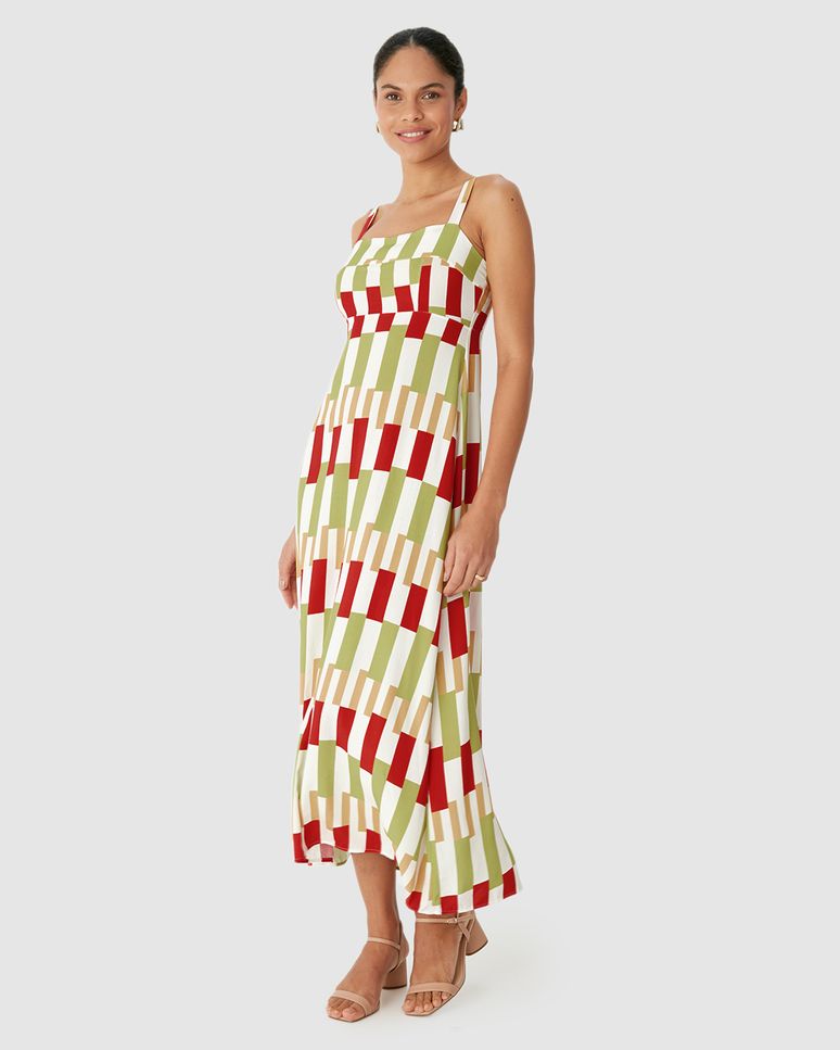 Vestido Midi Feminino Reto Acinturado Estampa Digital Em Viscose