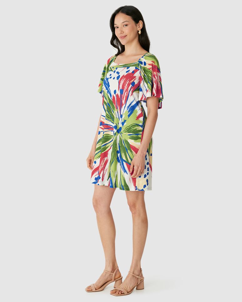 Vestido Feminino Decote Quadrado Manga Franzida Em Malha Viscose Canelada