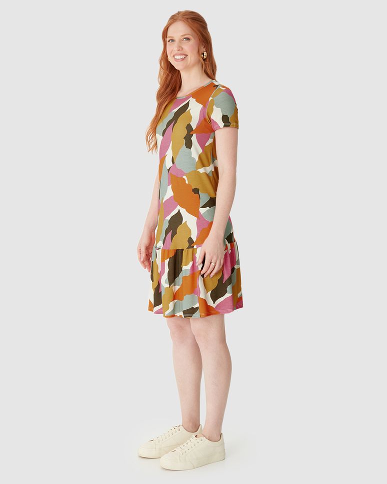 Vestido Feminino Evasê Estampado Barra Franzida Em Viscose Stretch