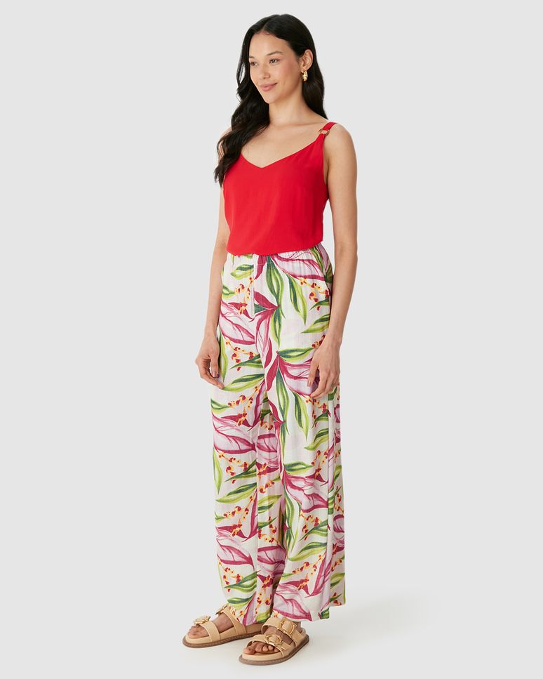 Calça Wide Leg Feminina Estampada Bolso Faca Em Viscose Lurex