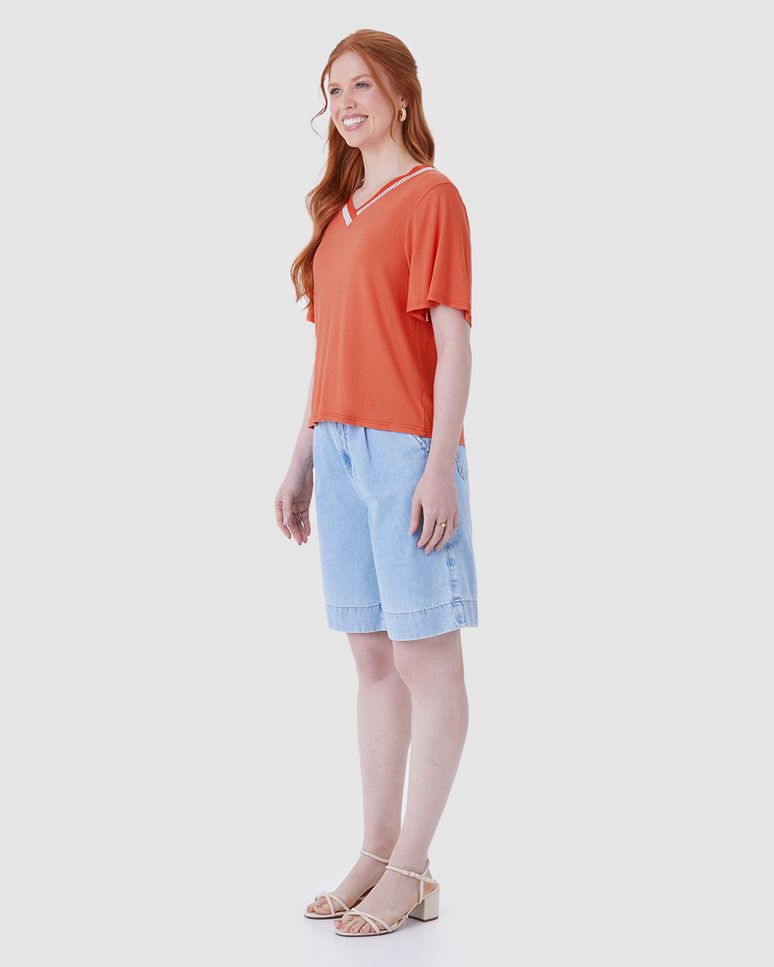 Blusa Ampla Feminina Decote V Retilínea Em Malha Viscolinho Stretch