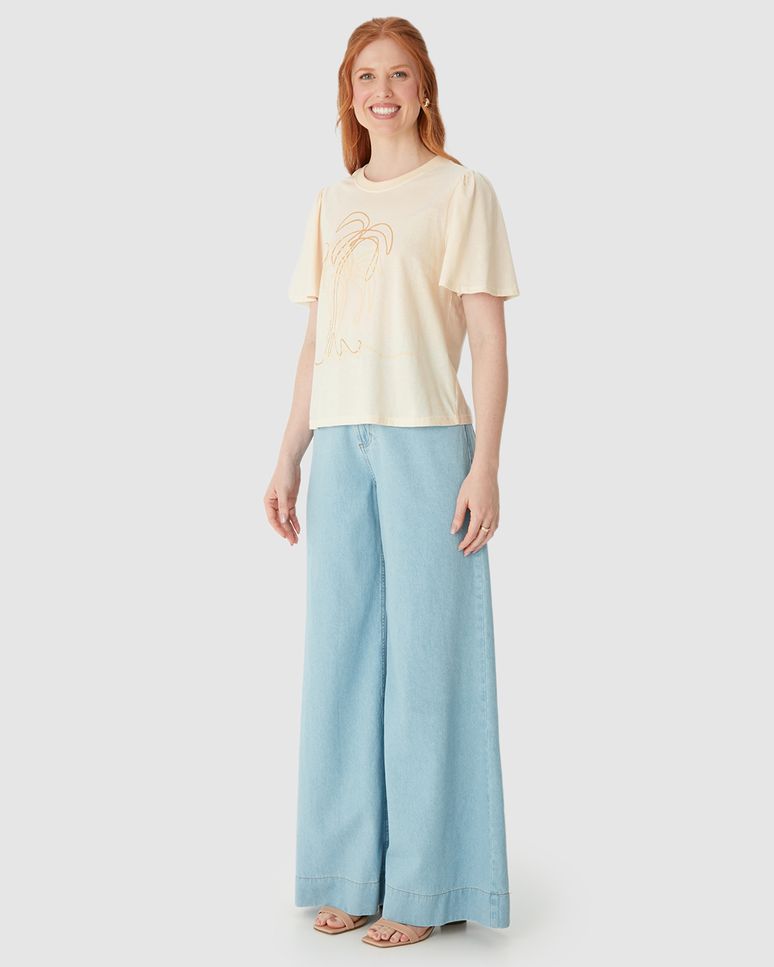 Camiseta Feminina Estampa Puff Alto Relevo Manga Franzida Em Algodão