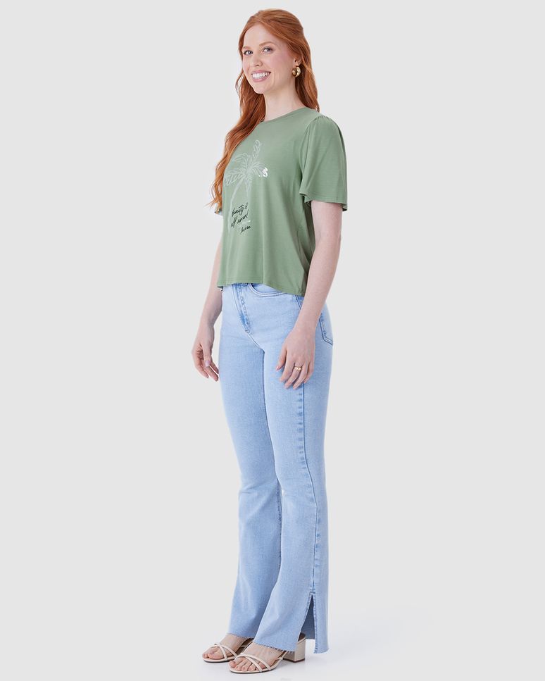 Camiseta Feminina Estampa Metalizada Manga Franzida Em Viscose Stretch