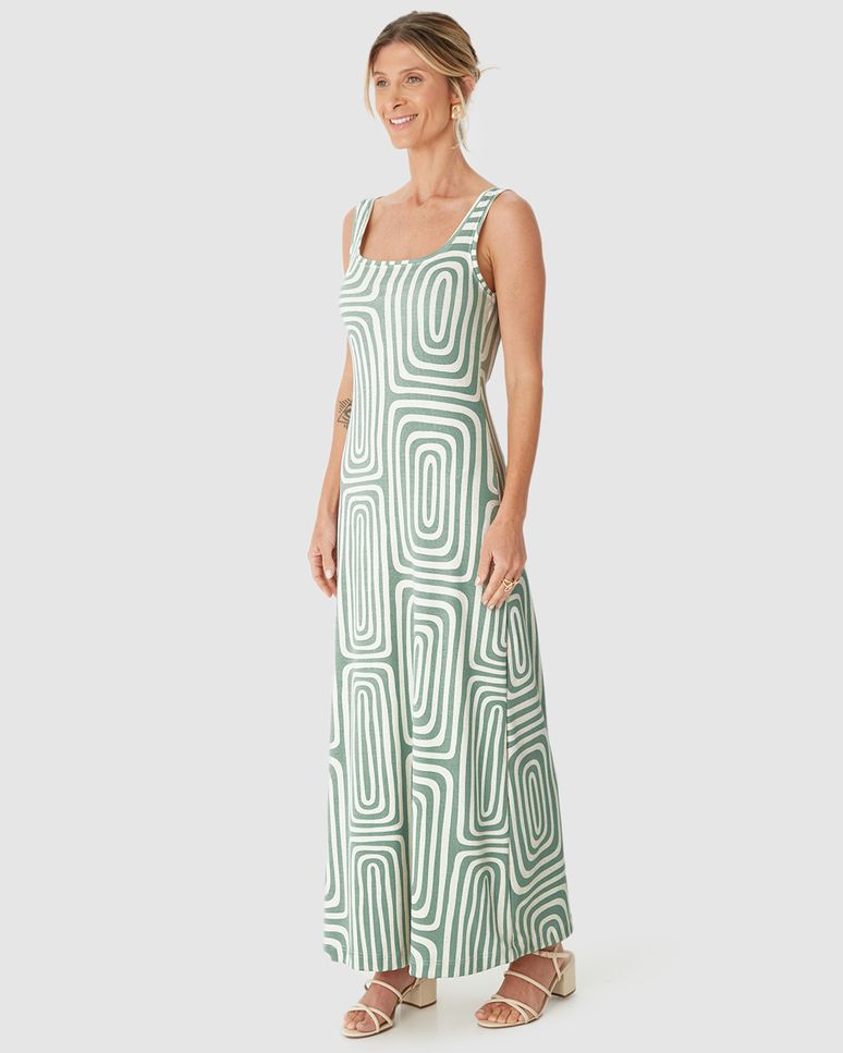 Vestido Midi Feminino Estampa Geométrica Decote Quadrado Em Ribana Linho