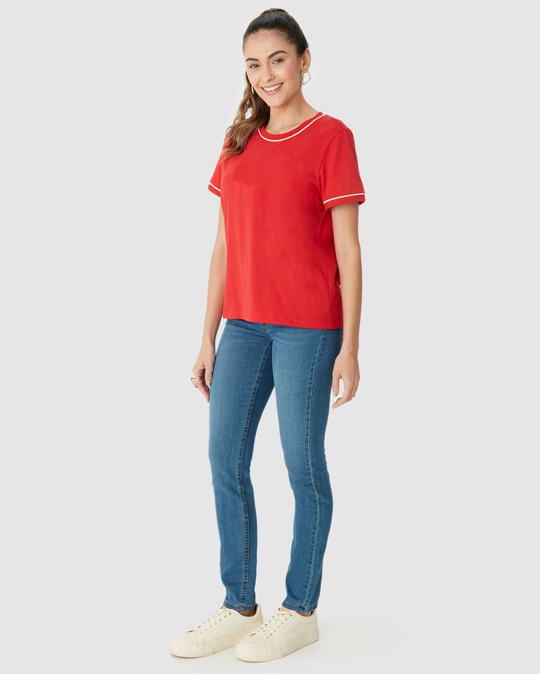 Blusa Básica Feminina Decote Redondo Costura Contraste Em Algodão