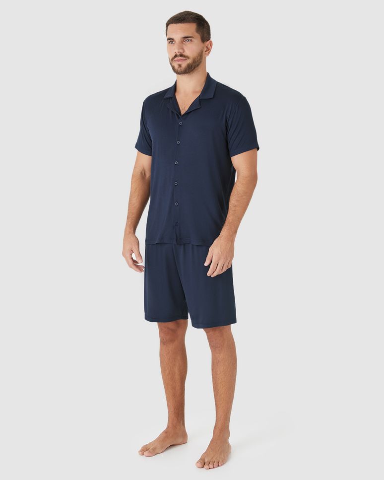 Pijama Curto Masculino Camisa Abotoamento Frontal Em Viscose Stretch