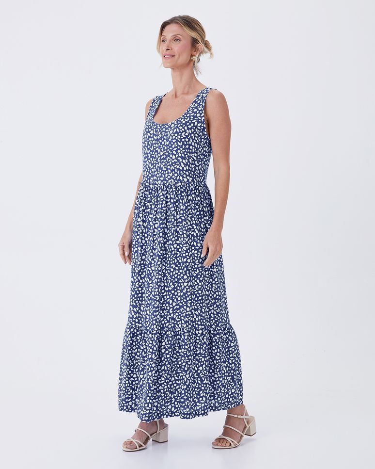 Vestido Midi Feminino Estampado Amplo Decote Quadrado Em Viscose